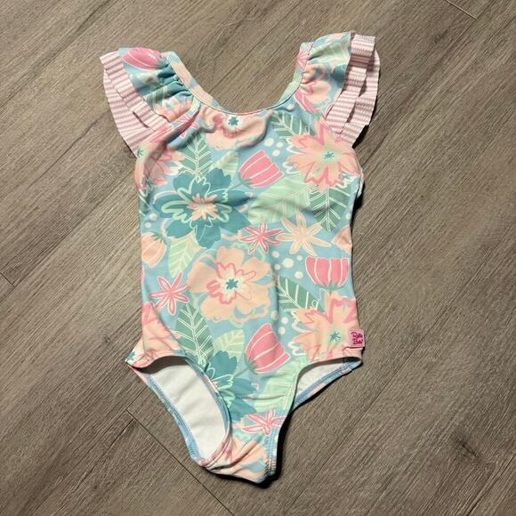 Ruffle Butts Girls 1 Piece Swimsuit Size 6 Pastel Floral Ruffle Sleeve Bow Back - Picture 4 of 8